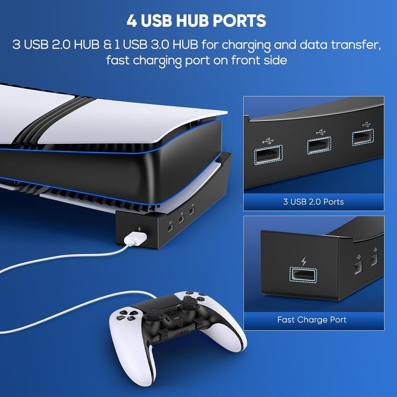FASTSNAIL Horizontal Stand & Cooling Fan for PS5 Pro/Slim Console, Auto Fan Speed by Temperature and Controller Charger Station, Efficient Cooling System with 3 Fans & 2 USB 3.0 and 3 USB 2.0 Hub - Image 5